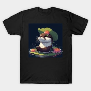 Kawaii Anime Otter Bath With Water Lily T-Shirt